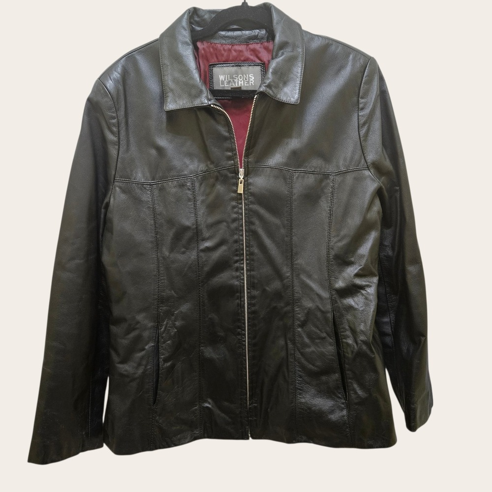 Wilsons Leather Black Genuine Leather Jacket Womens‎ XL Zip Front Collared